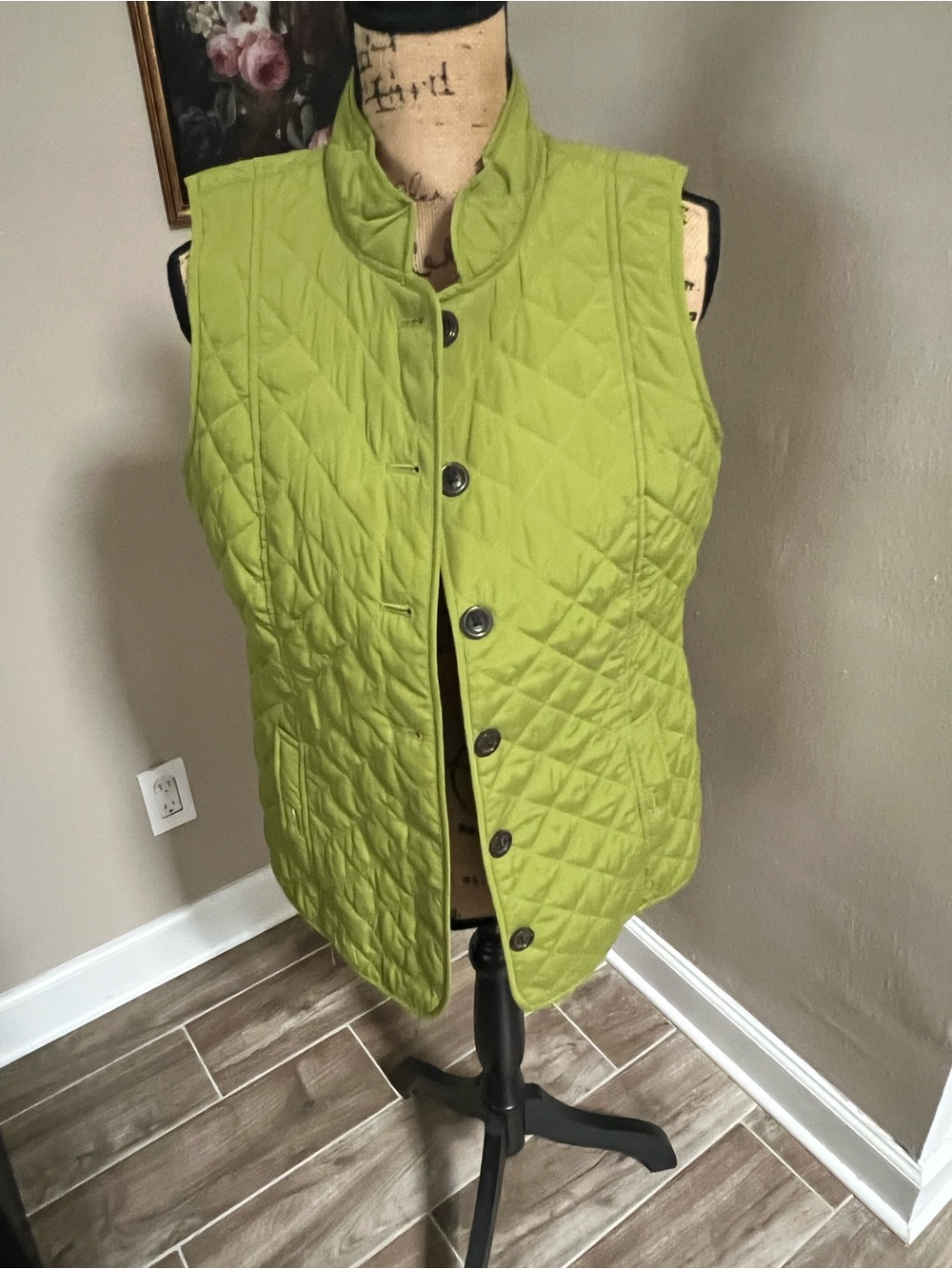 J. Jill Lime Green Quilted Vest with Teal Trim
